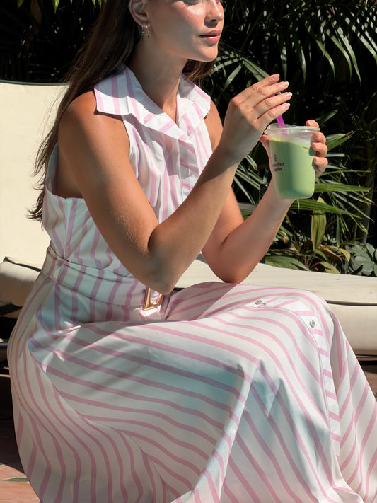 Striped shirt dress with belt in pink