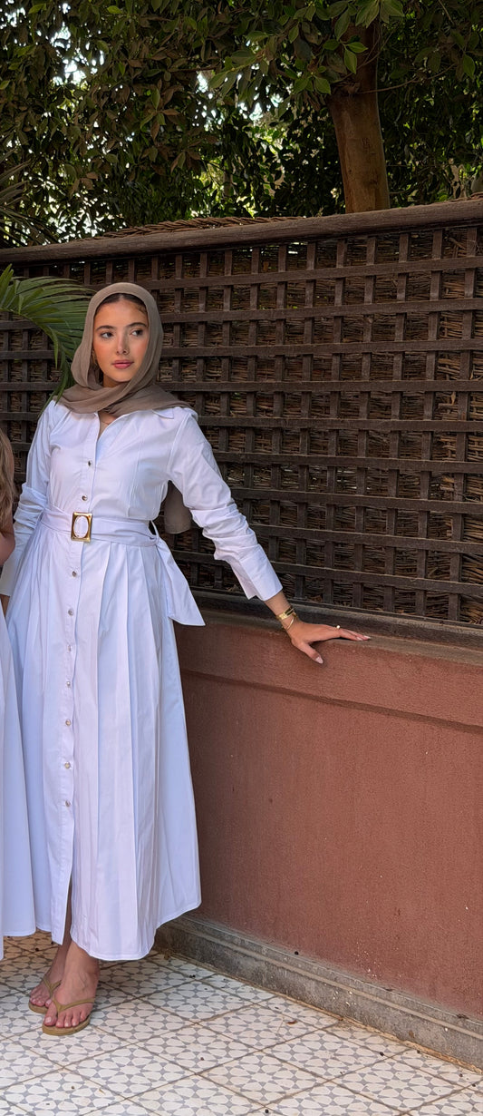 Beach White Shirt dress with belt long sleeves