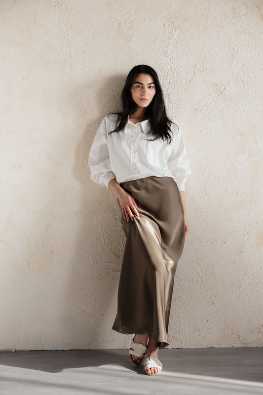 satin skirt in brown