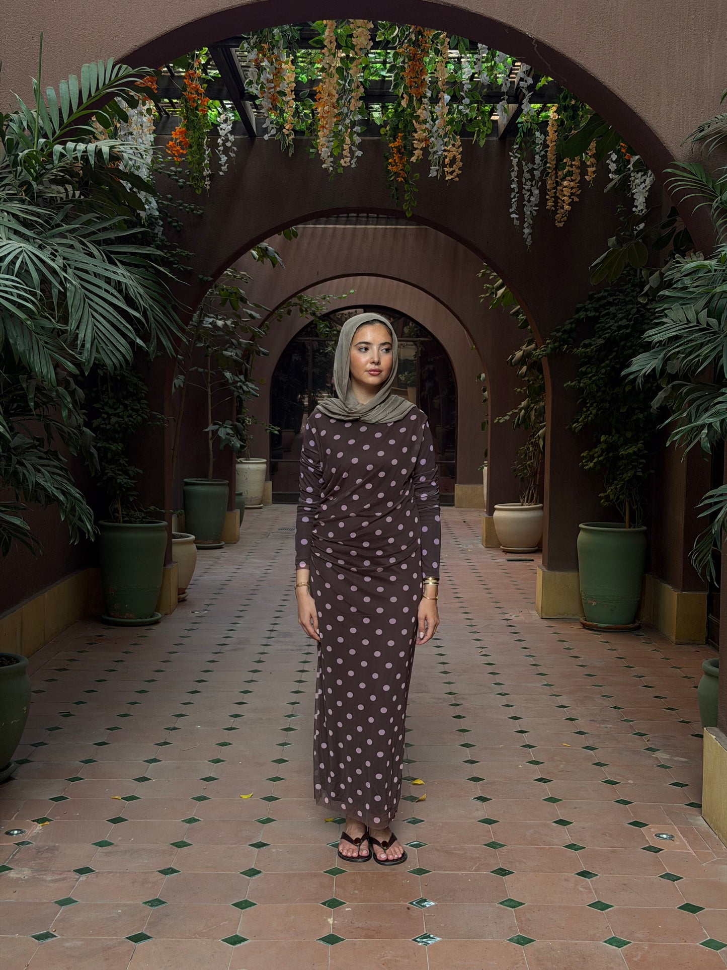 Polka dot dress in brown & pink