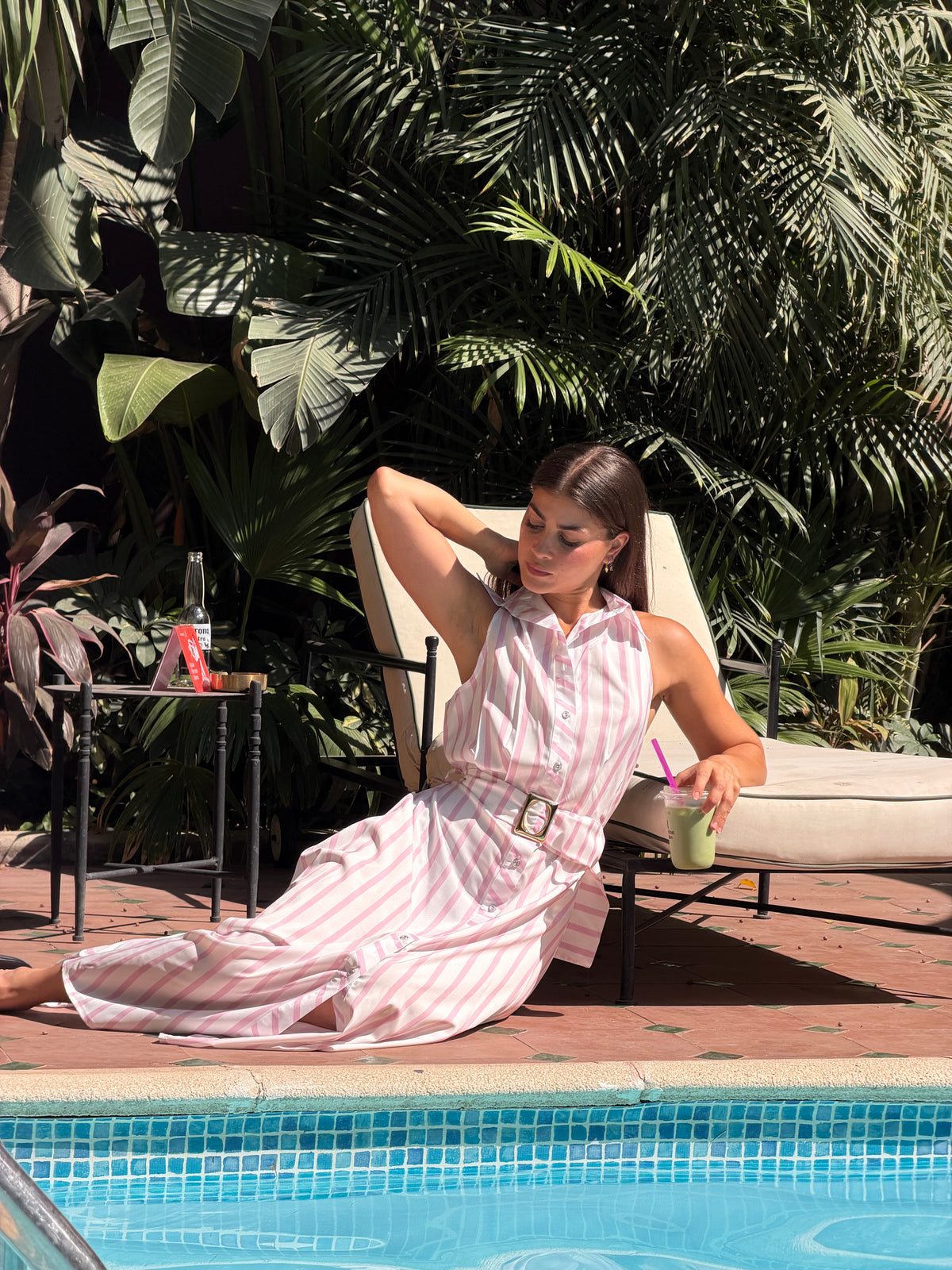 Striped shirt dress with belt in pink