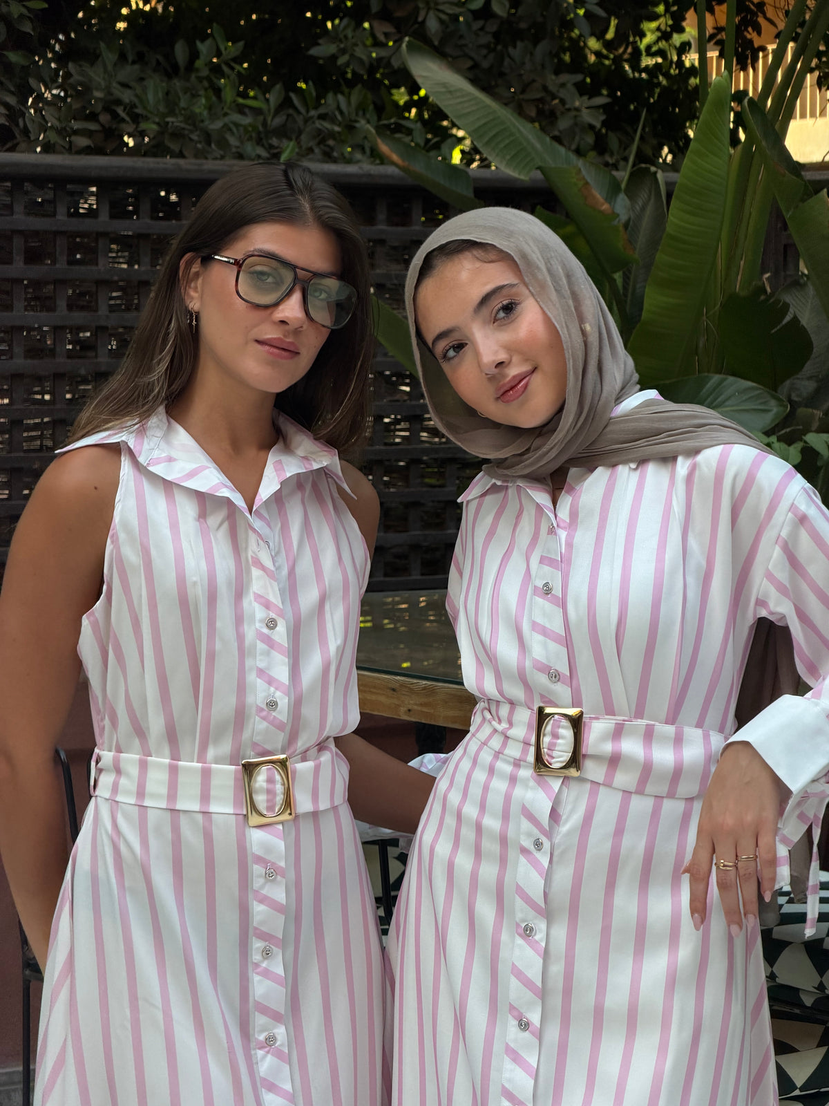 Striped shirt dress with belt longsleeves in pink