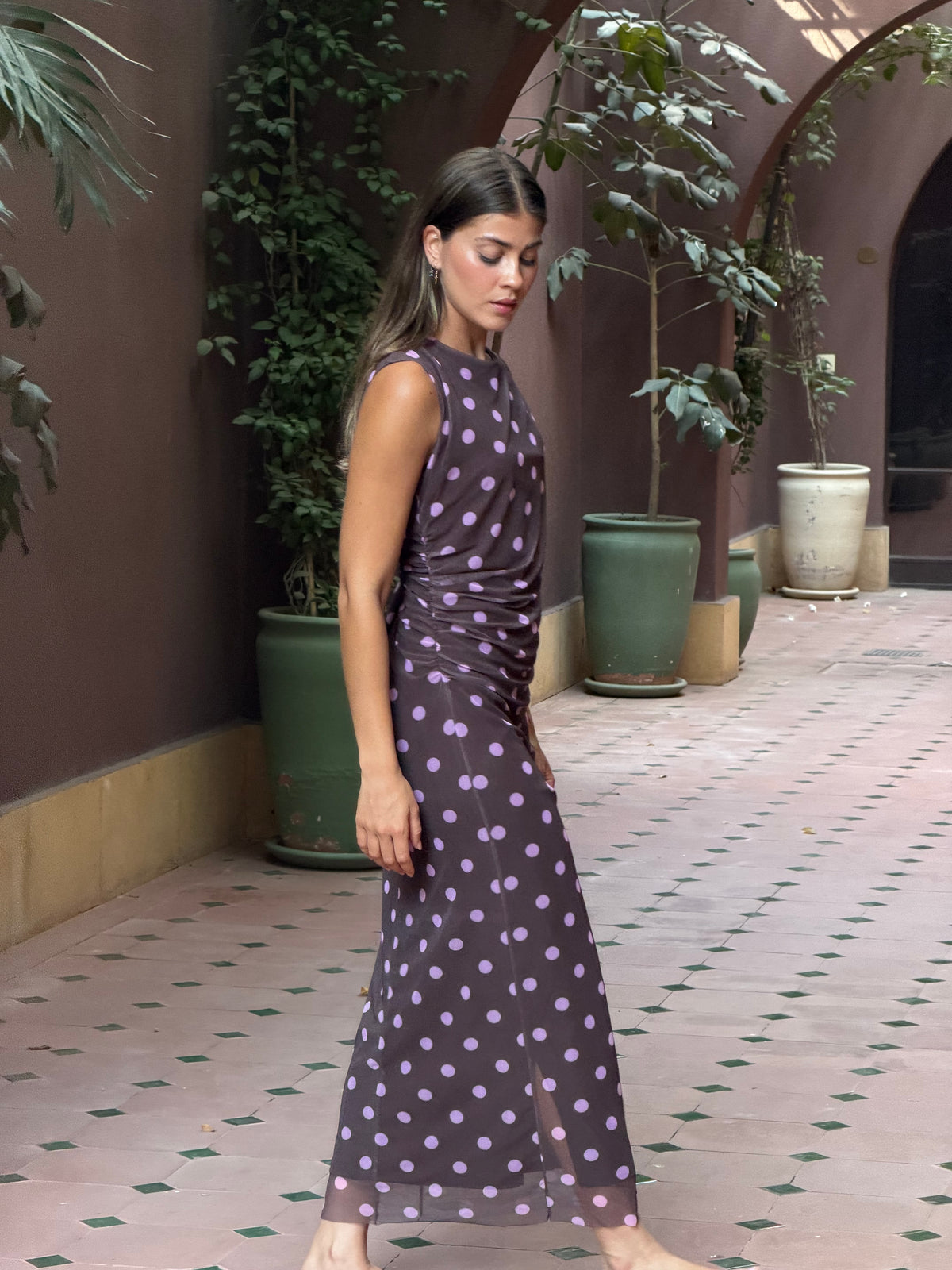 Polka dot dress in brown & pink