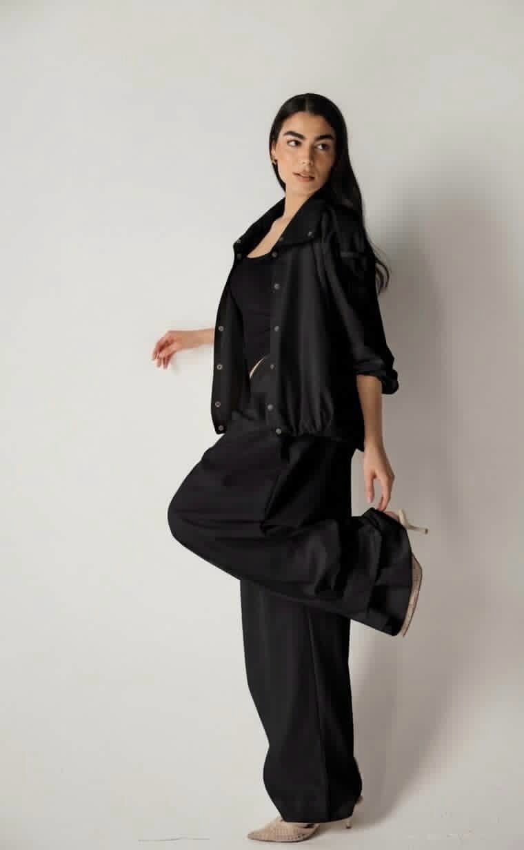 High neck Black linen set