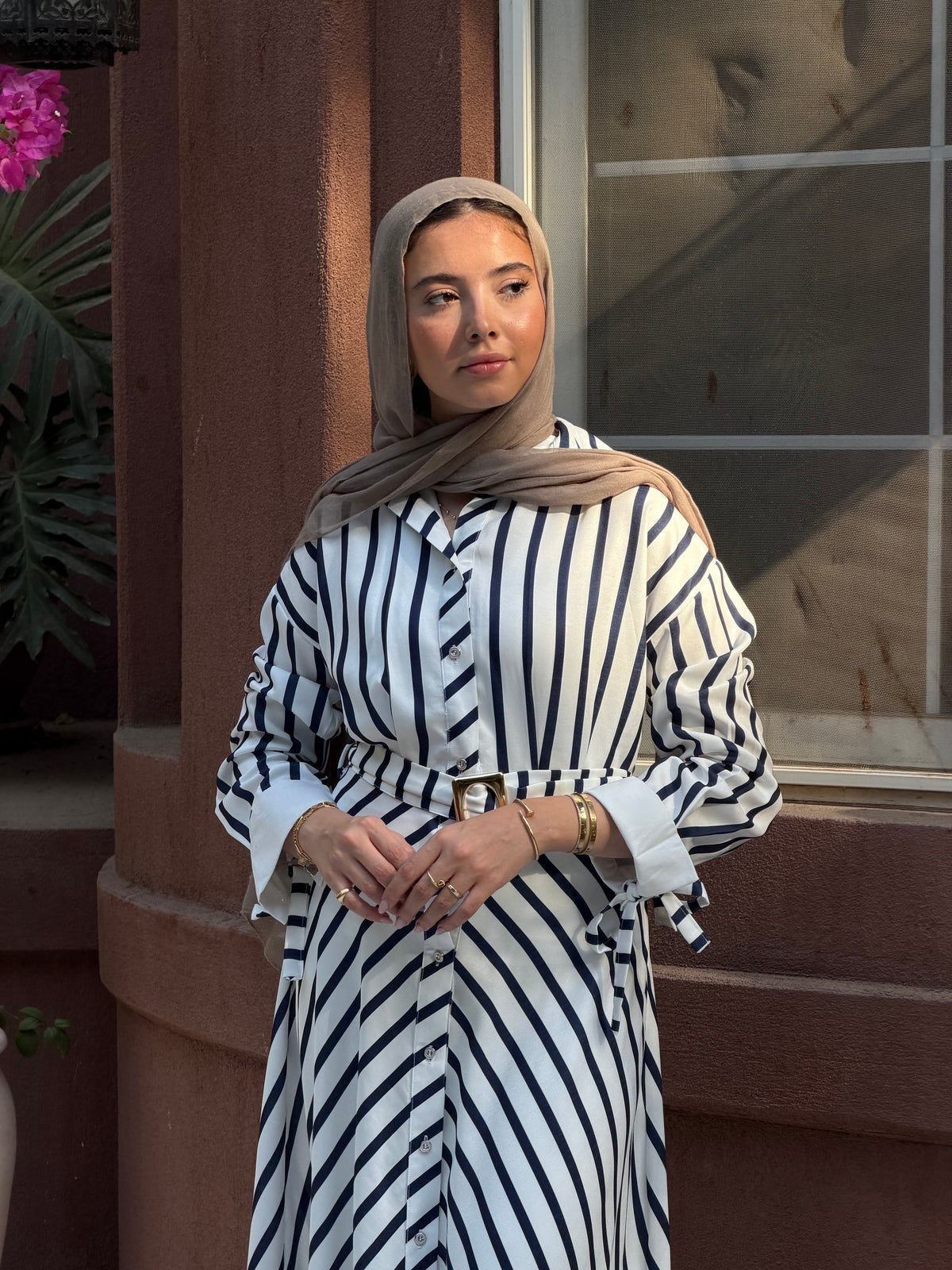Striped shirt dress with belt longsleeves in navy