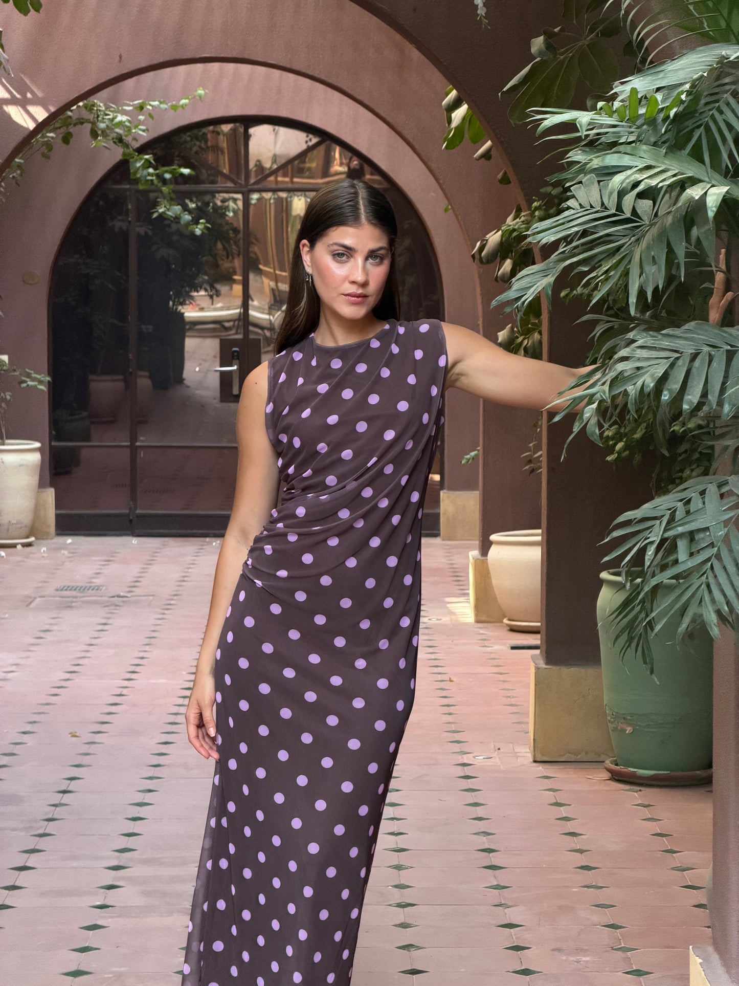 Polka dot dress in brown & pink