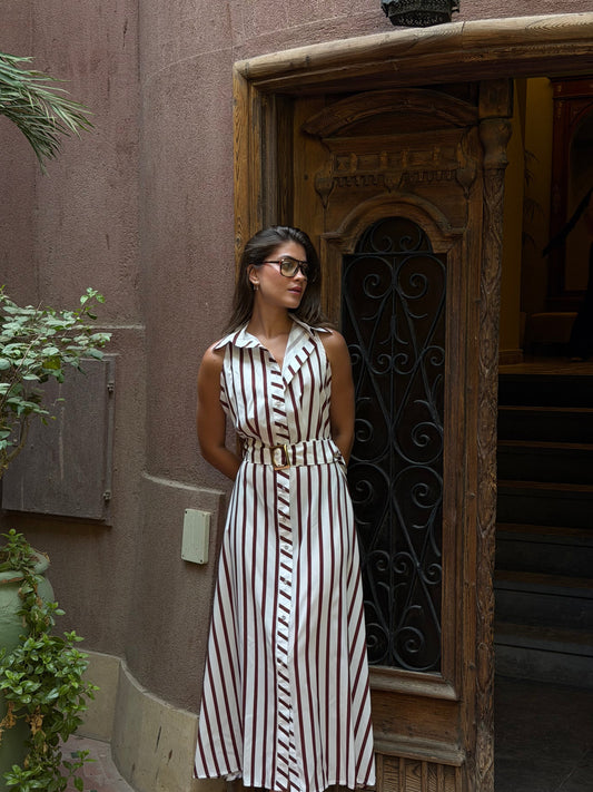 Striped burgundy shirt dress with belt in burgundy