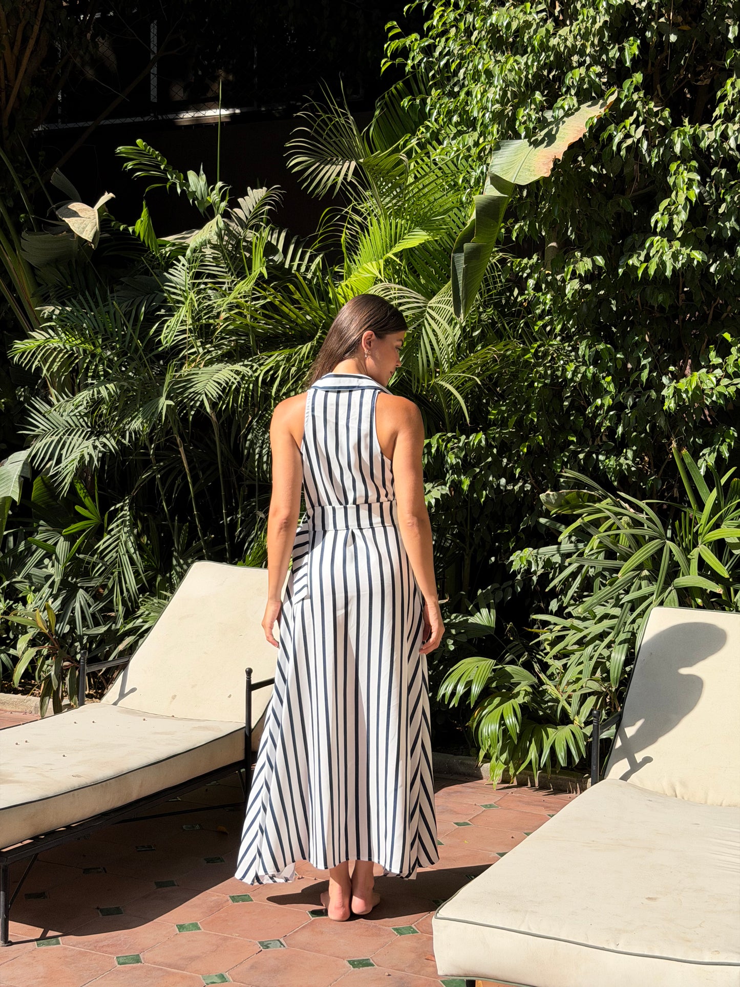 Striped shirt dress with belt in navy