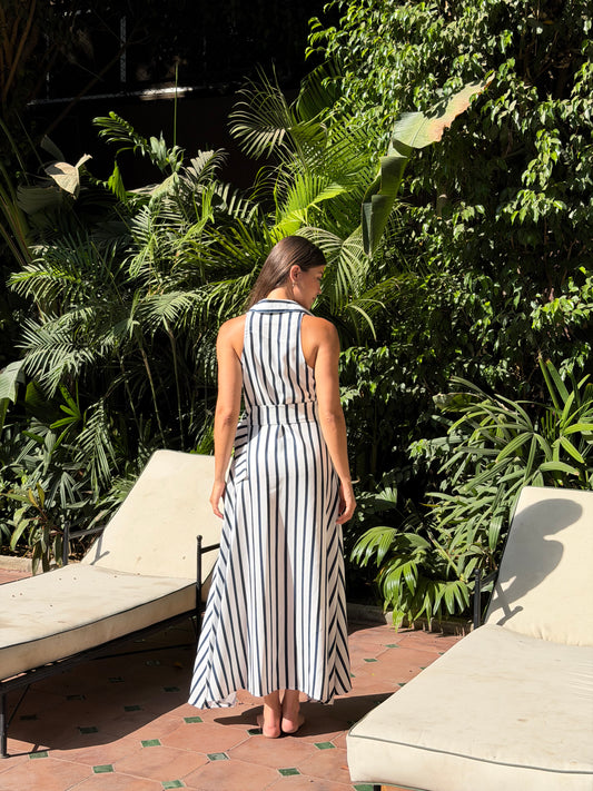 Striped shirt dress with belt in navy