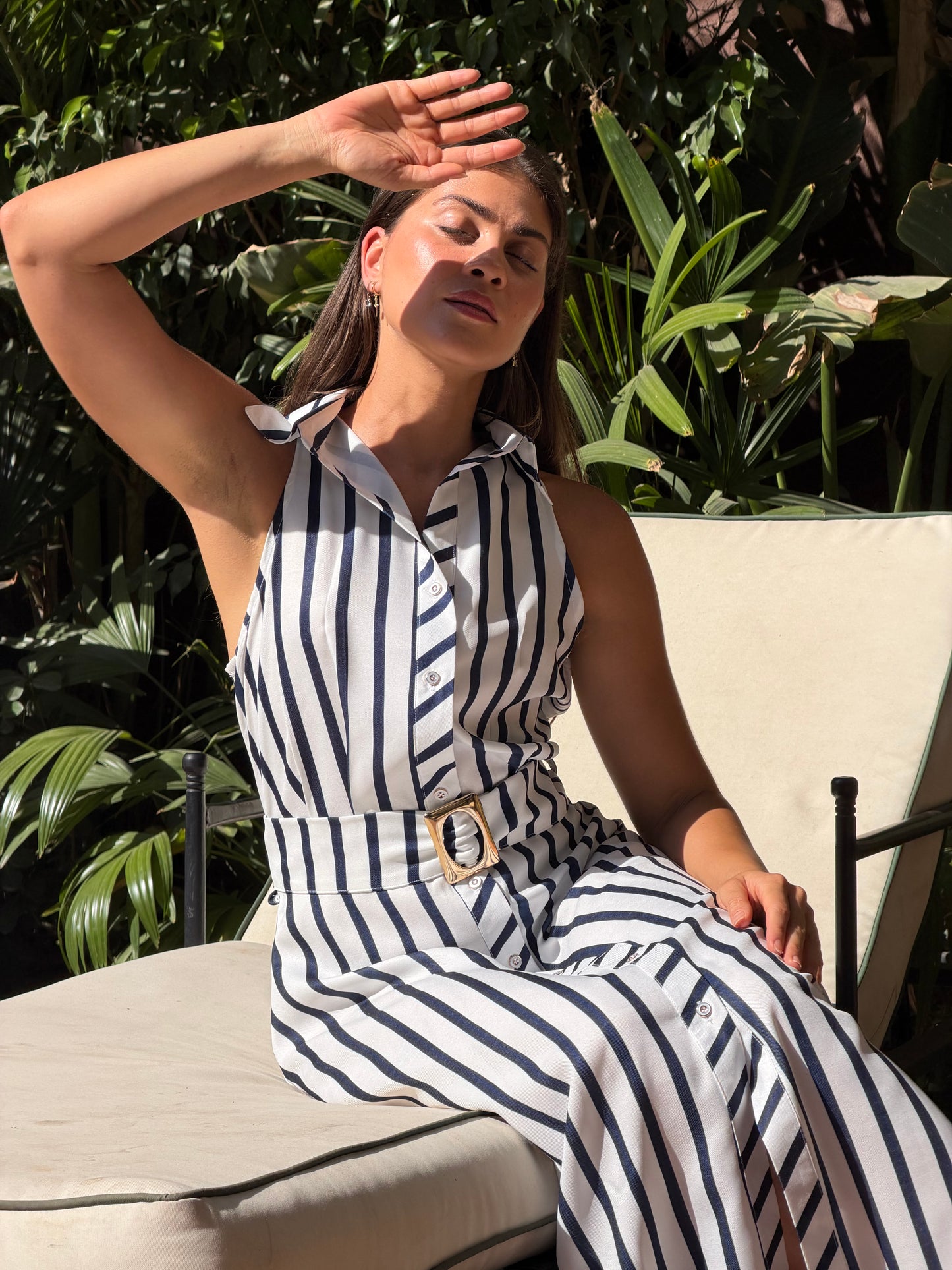Striped shirt dress with belt in navy