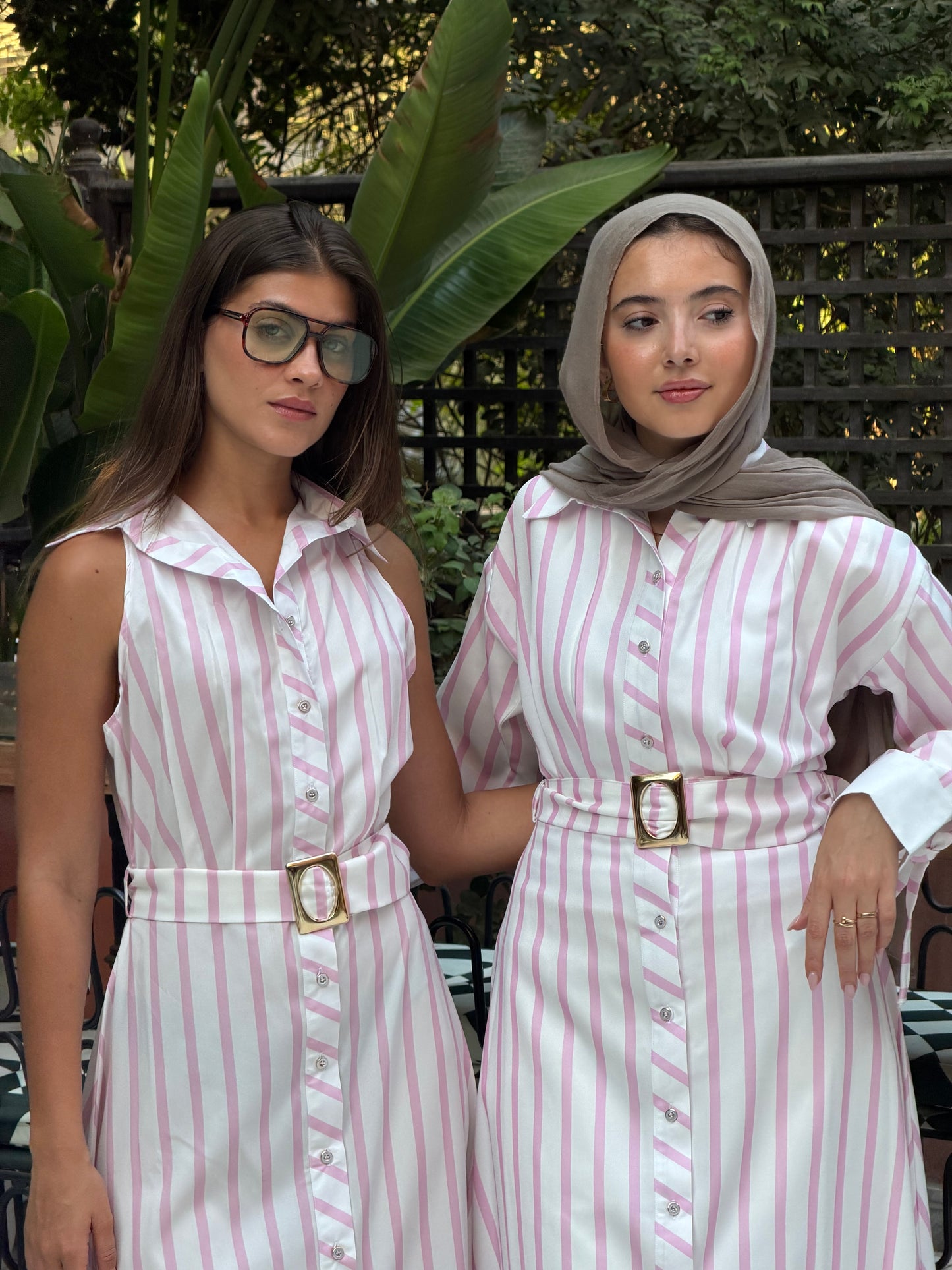 Striped shirt dress with belt longsleeves in pink