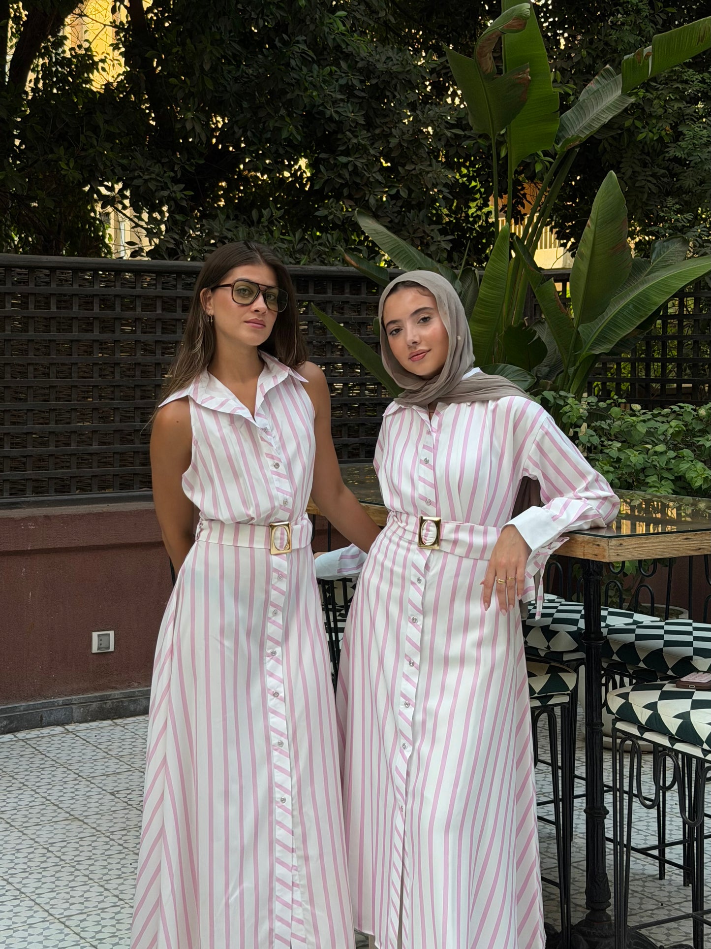 Striped shirt dress with belt longsleeves in pink