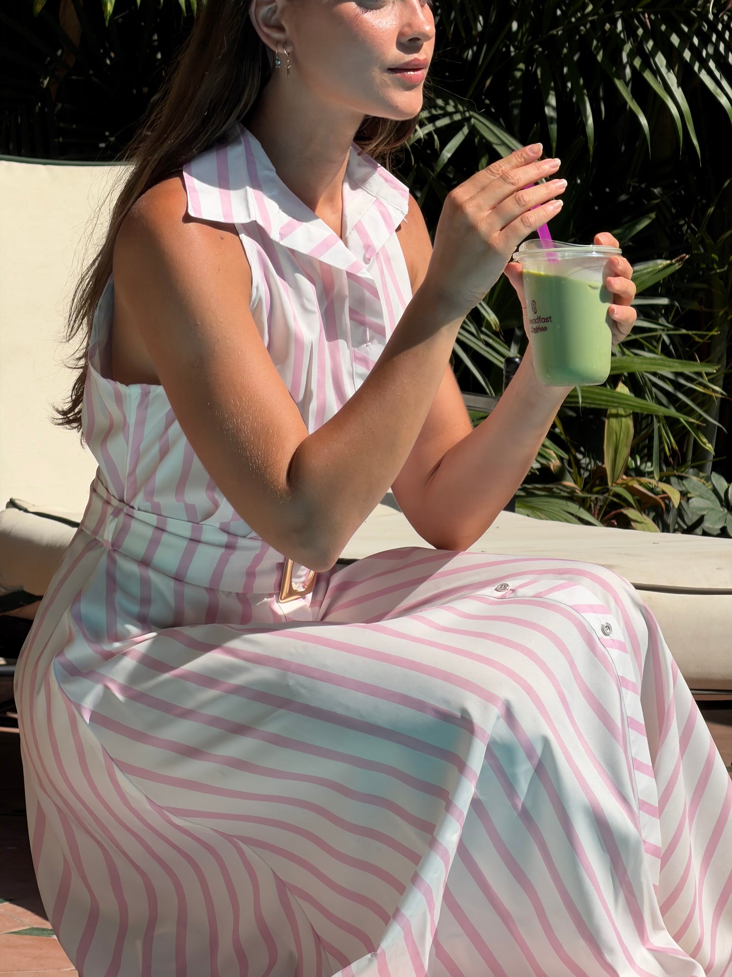 Striped shirt dress with belt in pink