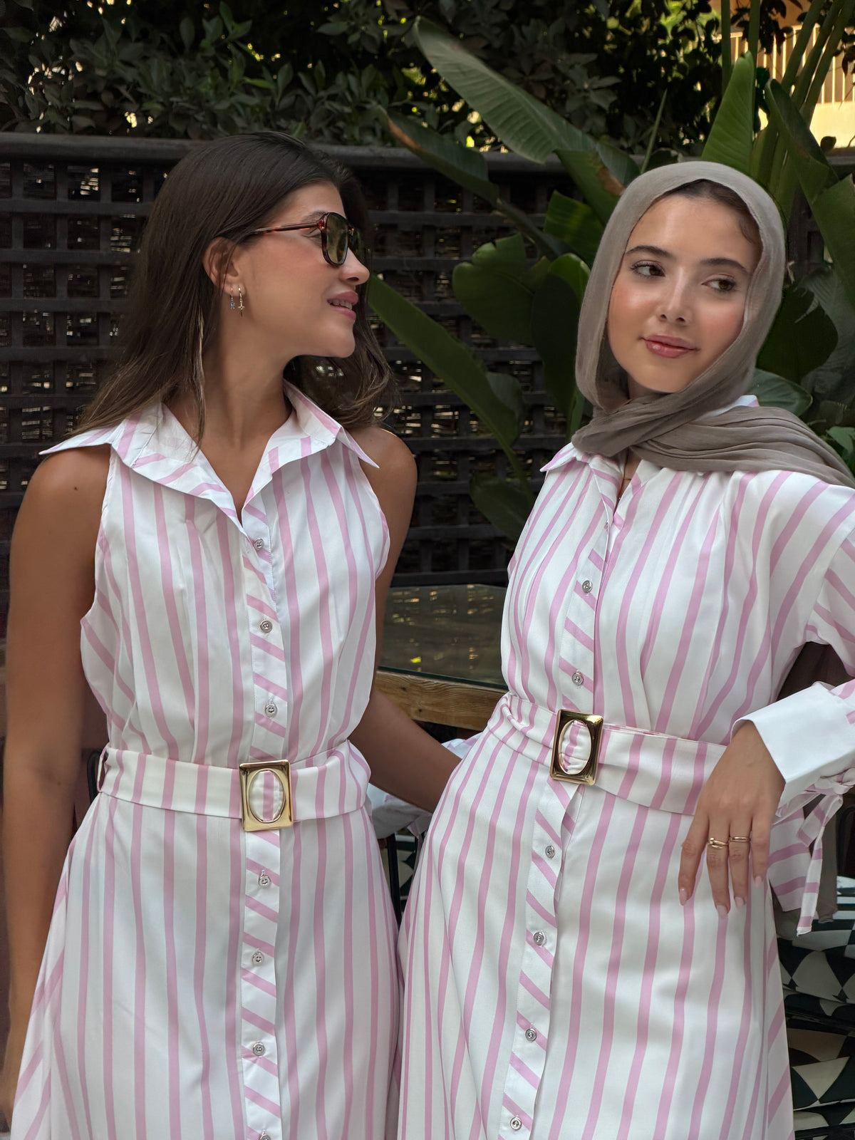 Striped shirt dress with belt longsleeves in pink