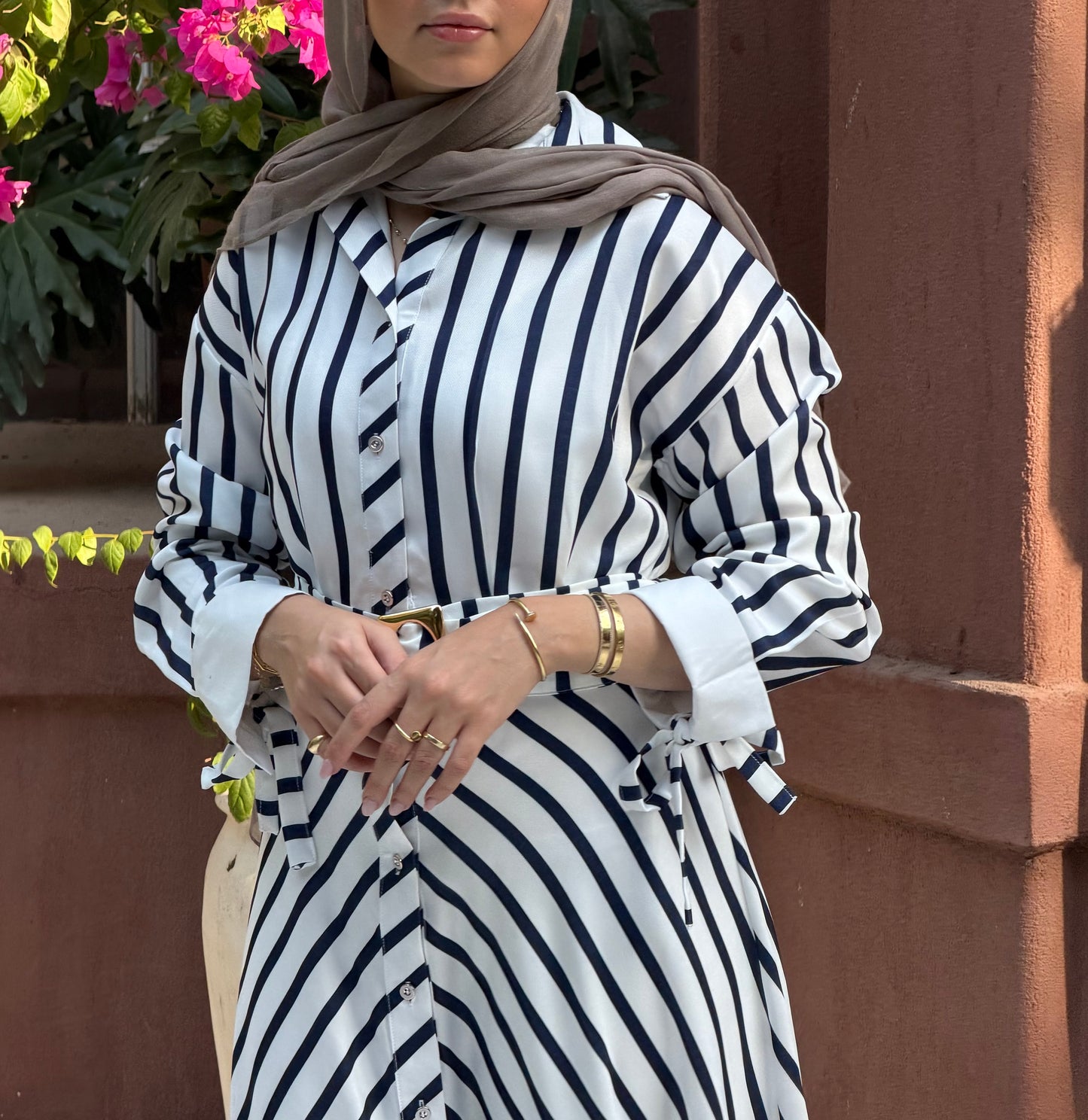 Striped shirt dress with belt longsleeves in navy