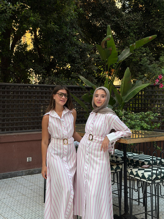 Striped shirt dress with belt longsleeves in pink