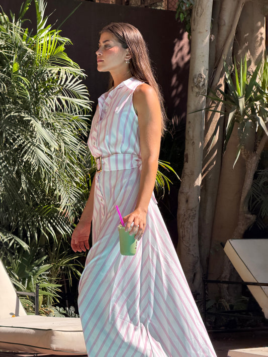 Striped shirt dress with belt in pink