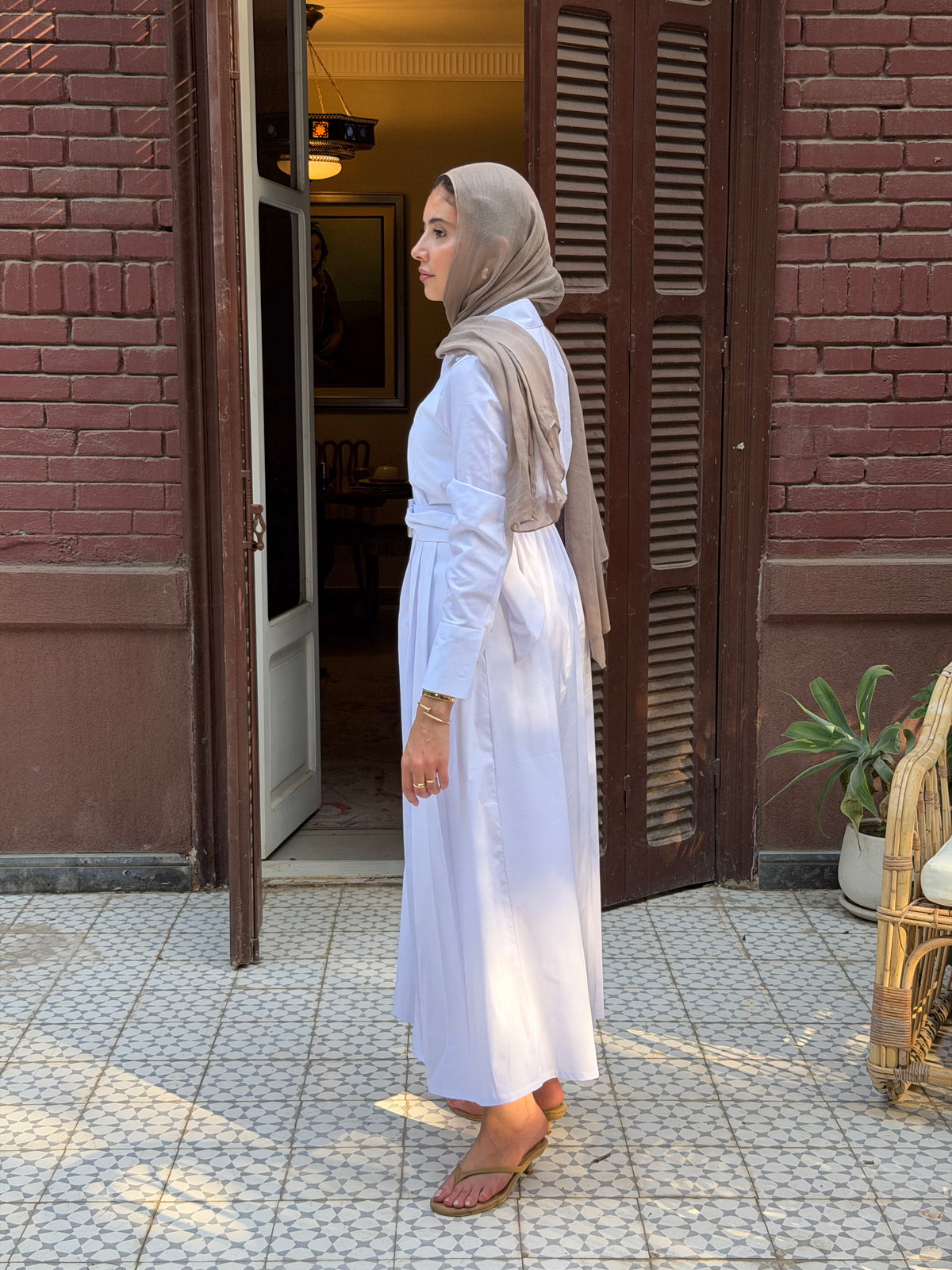 Beach White Shirt dress with belt long sleeves