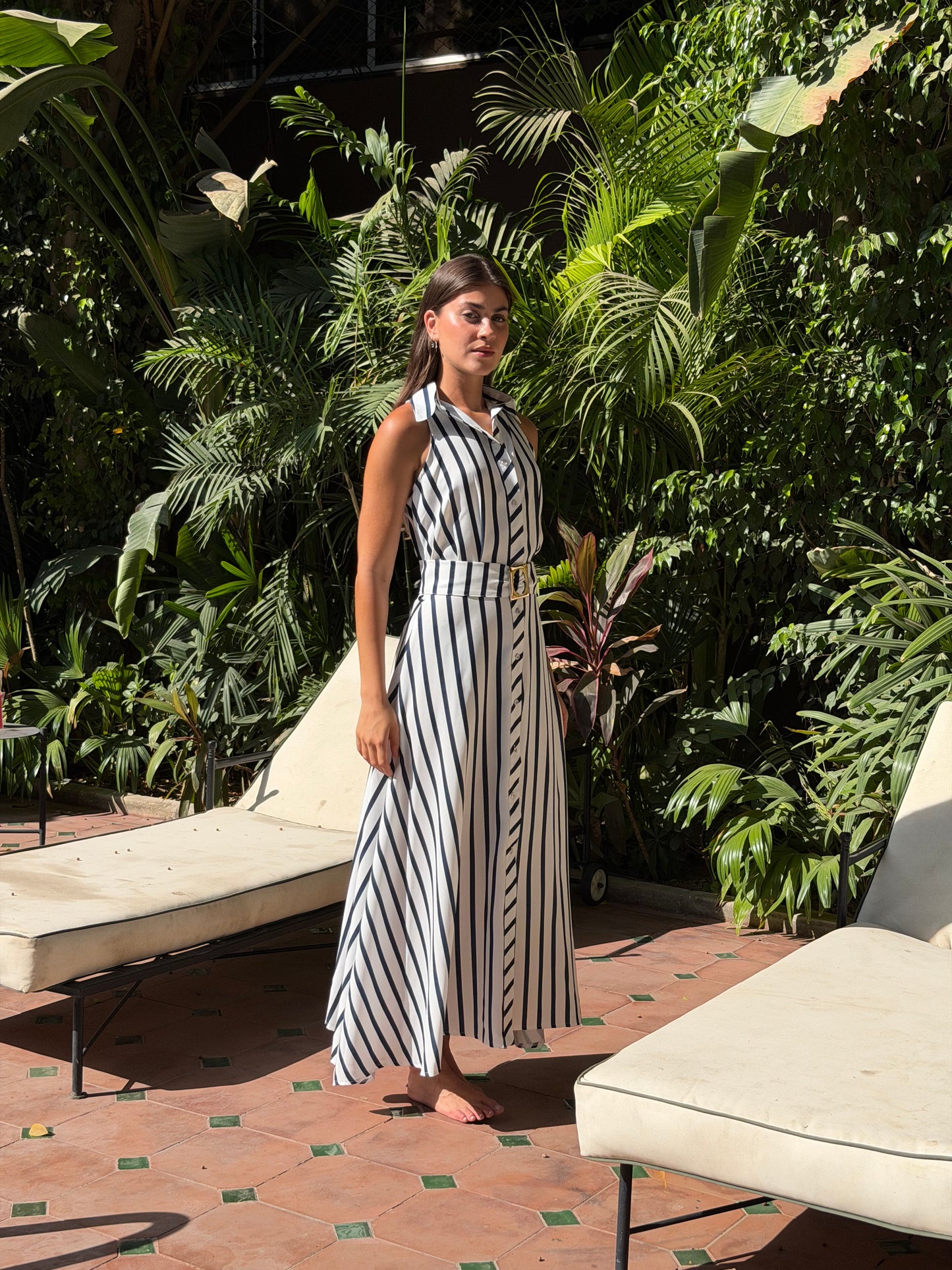 Striped shirt dress with belt in navy