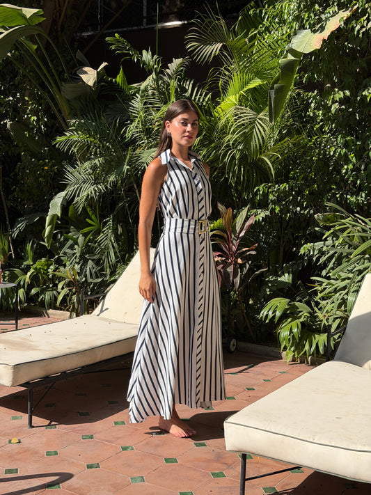 Striped shirt dress with belt in navy