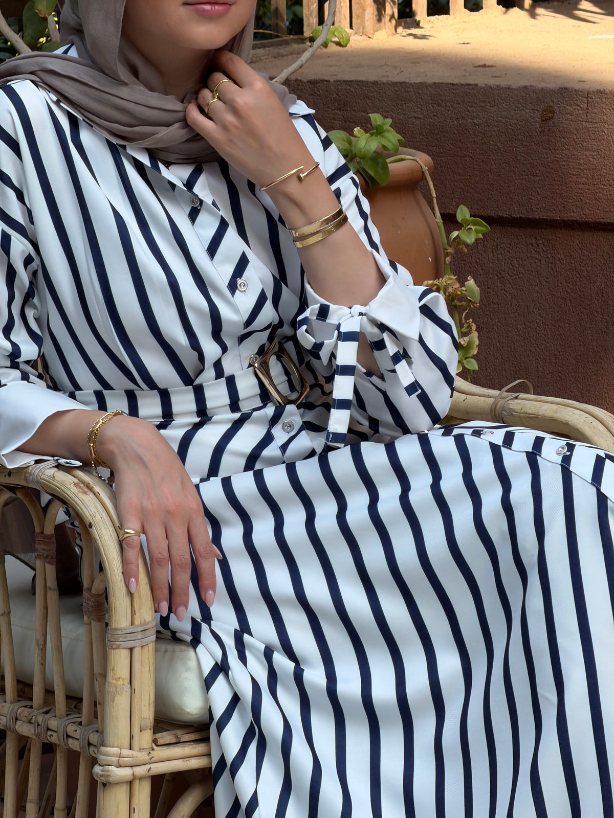 Striped shirt dress with belt longsleeves in navy
