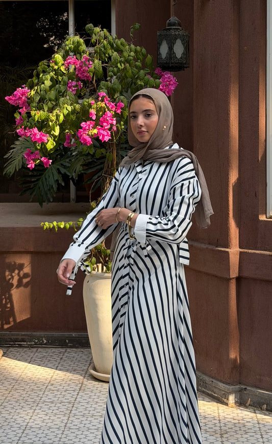 Striped shirt dress with belt longsleeves in navy