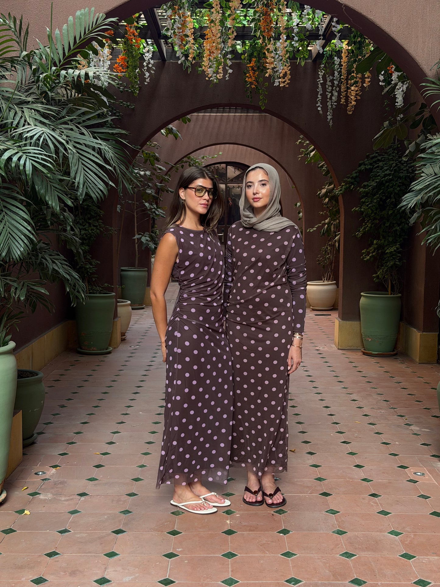 Polka dot dress in brown & pink