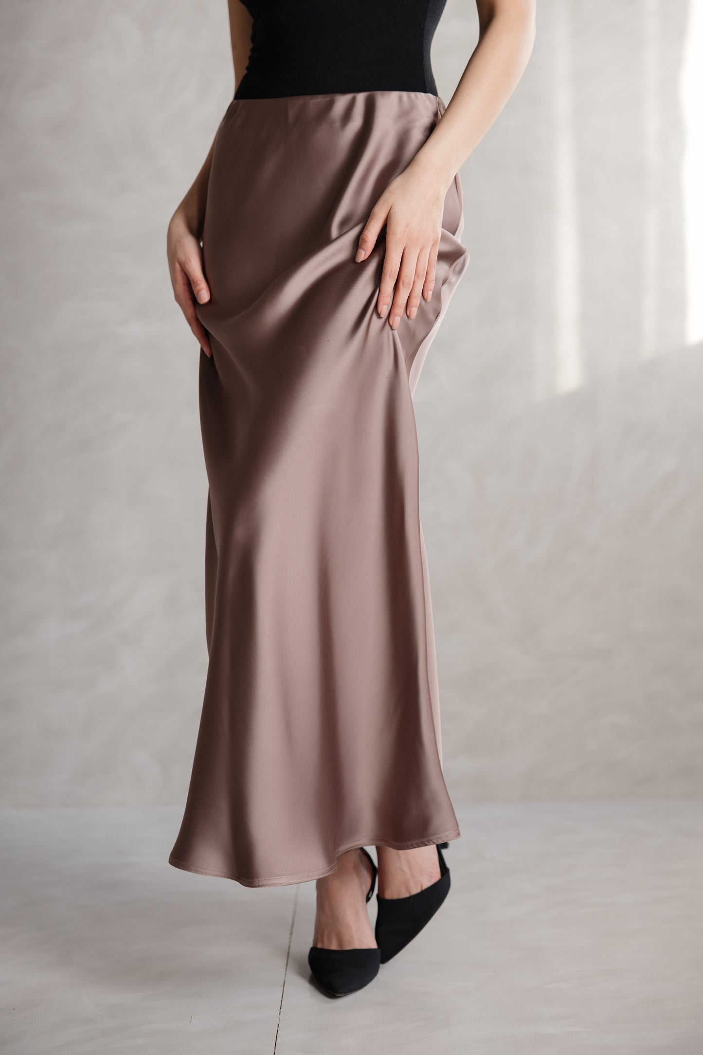 Nude satin skirt from MYLIA