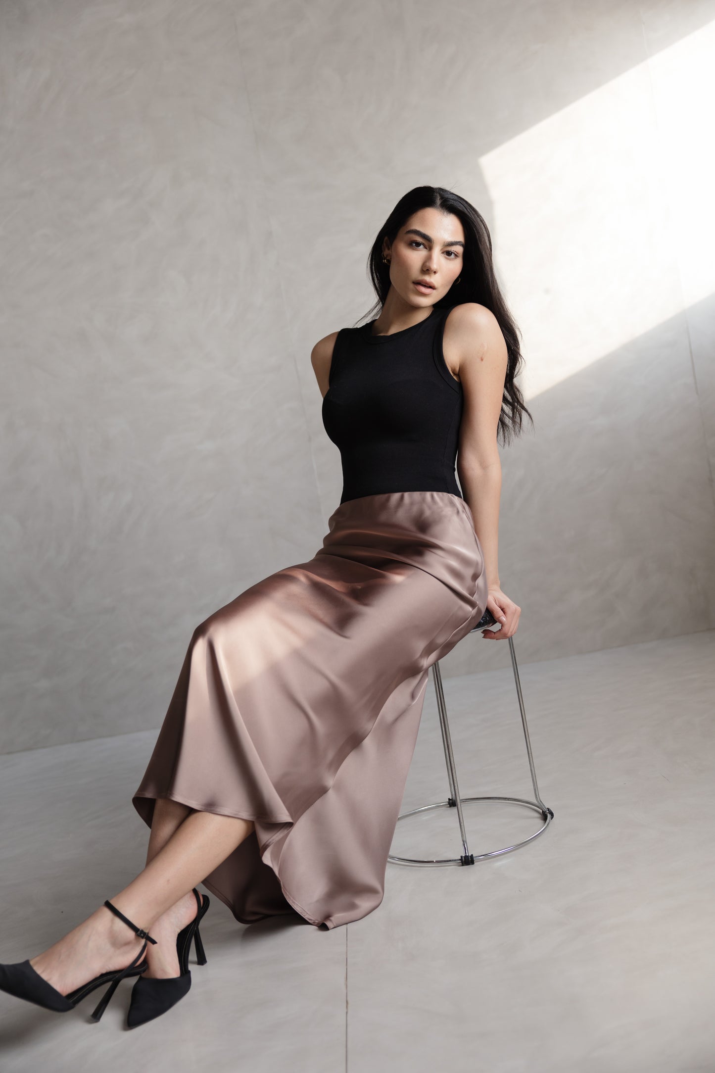 Nude satin skirt from MYLIA