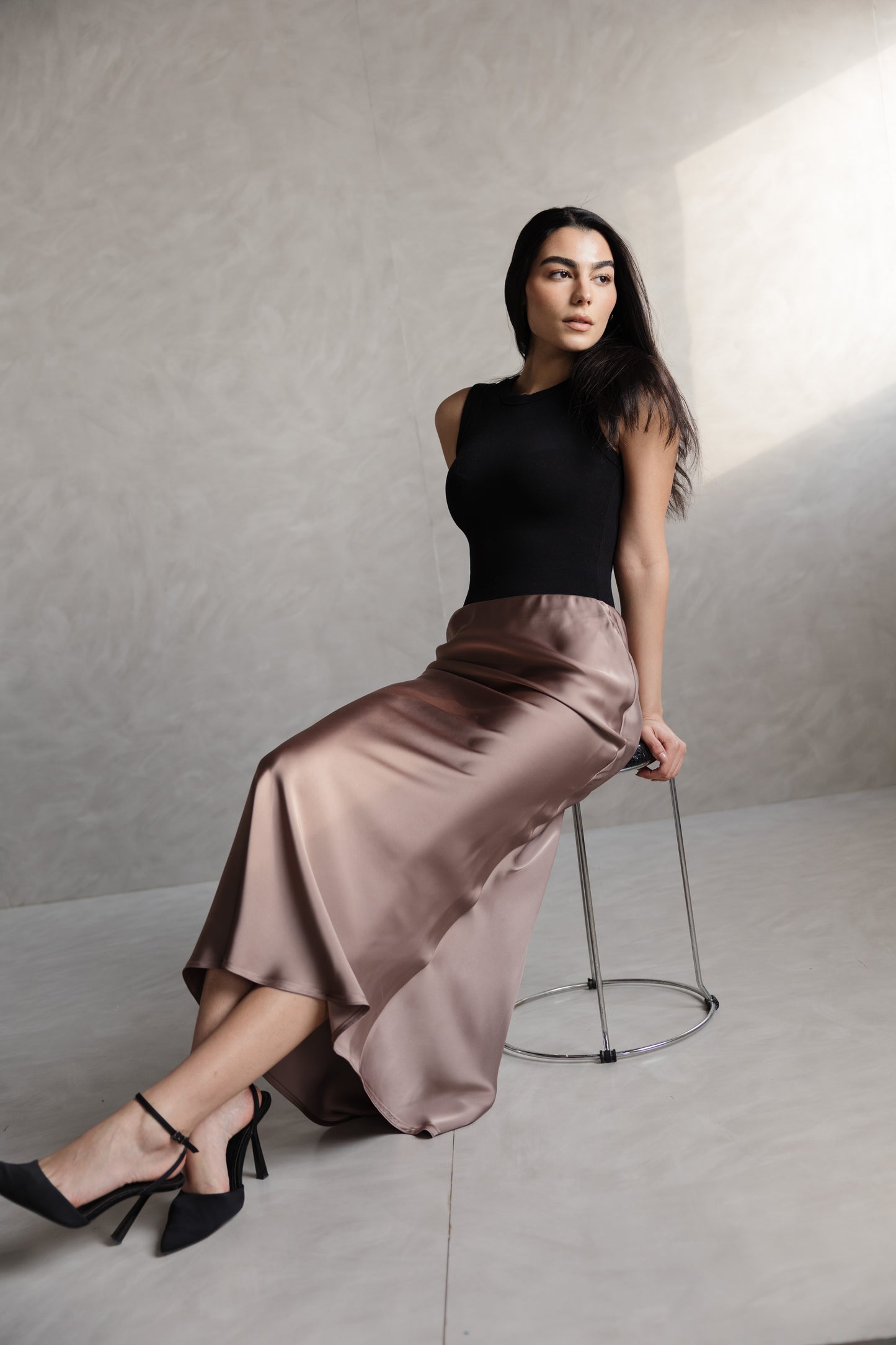 Nude satin skirt from MYLIA