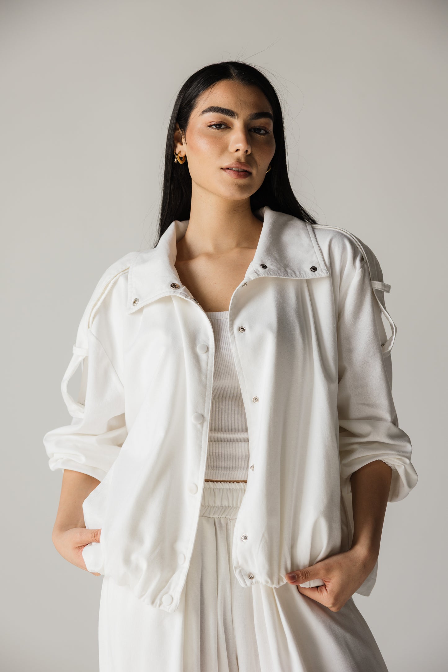 High neck off-white linen set