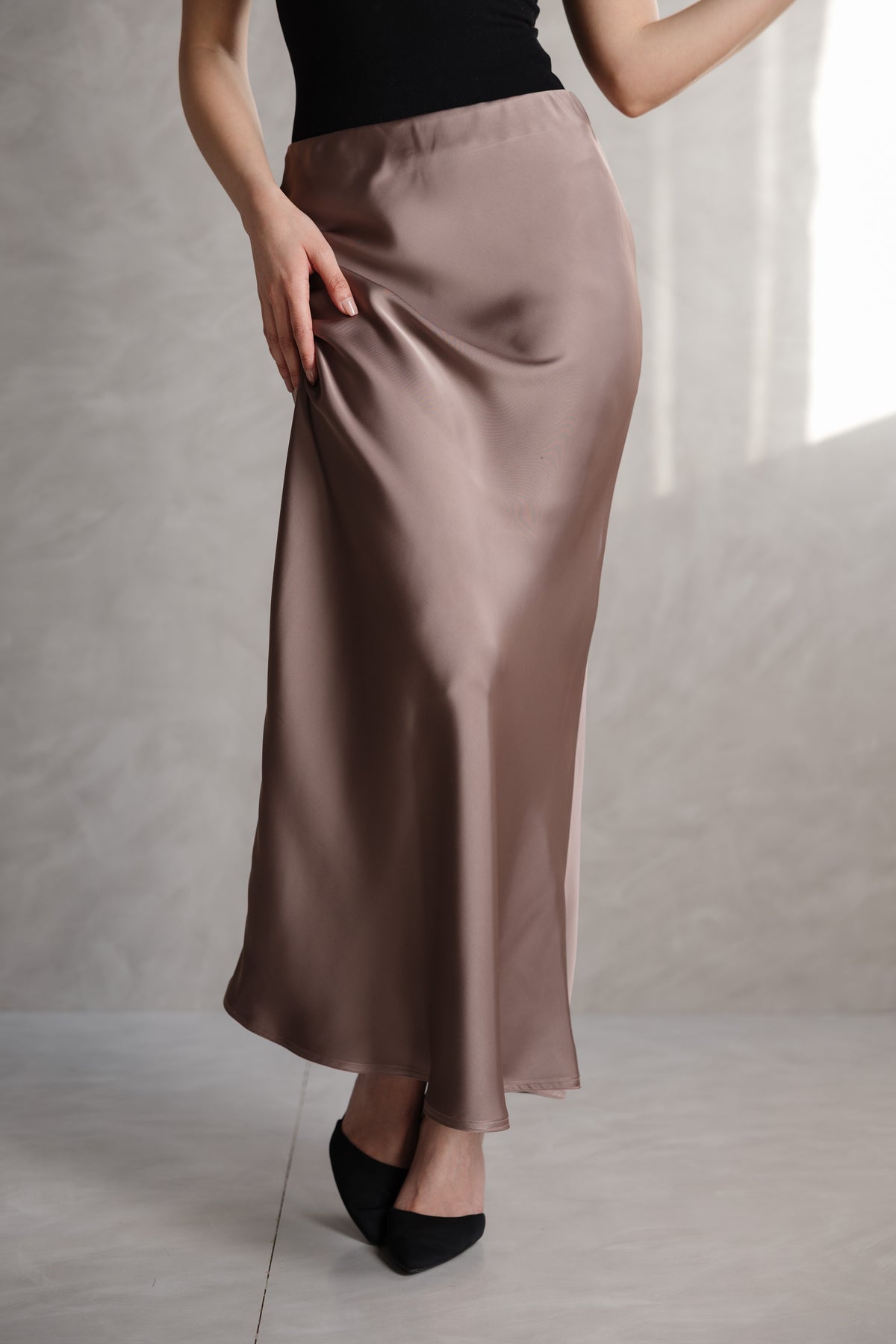 Nude satin skirt from MYLIA